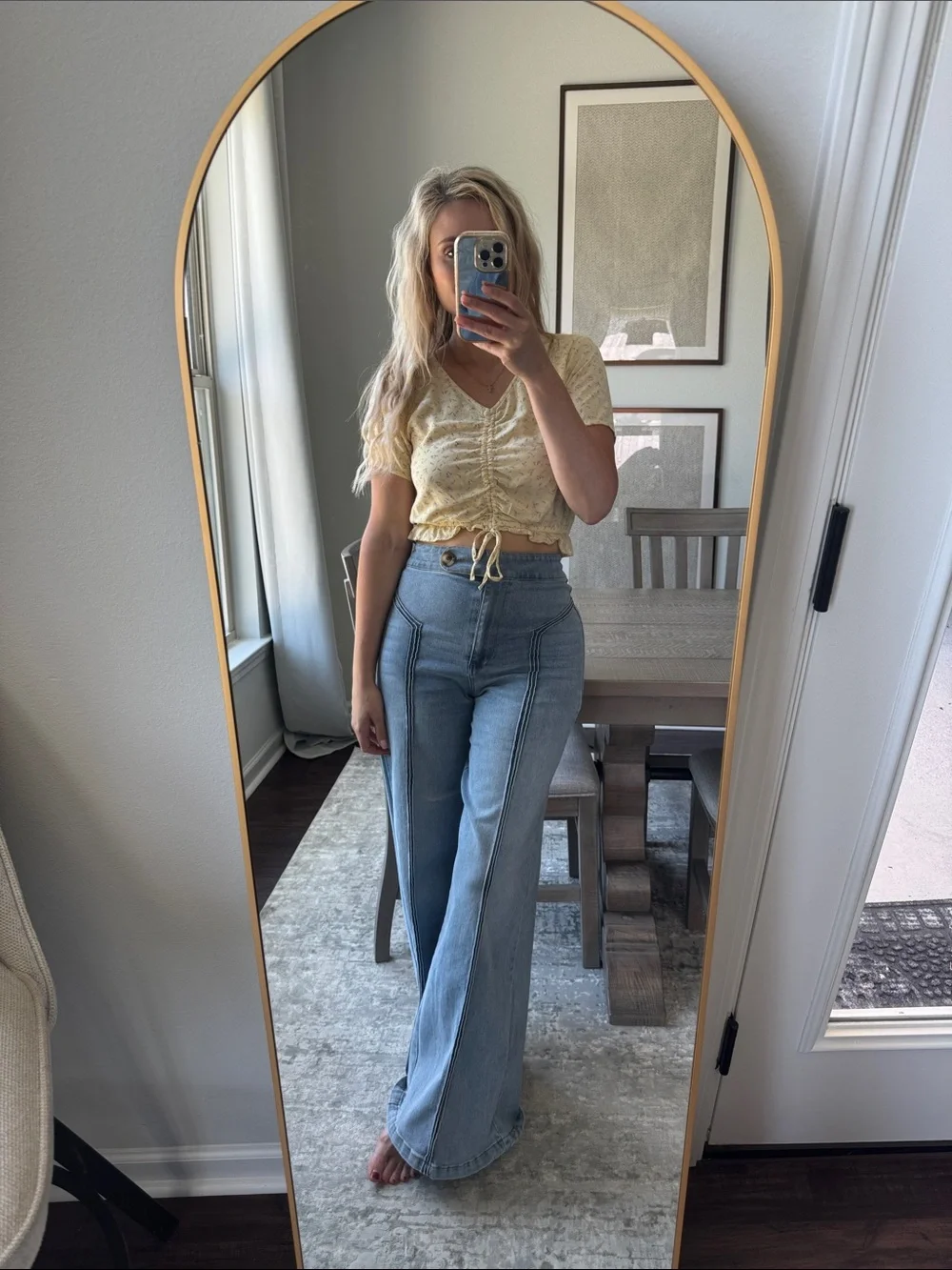 Ruched V-Neck Cropped Top in Light Butter Yellow with Subtle Tiny Purple Florals - Picture 6 of 14